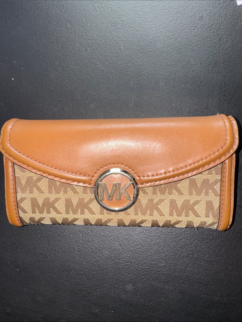 Michael Kors Brown and Tan MK Logo Continental Wallet, GUC